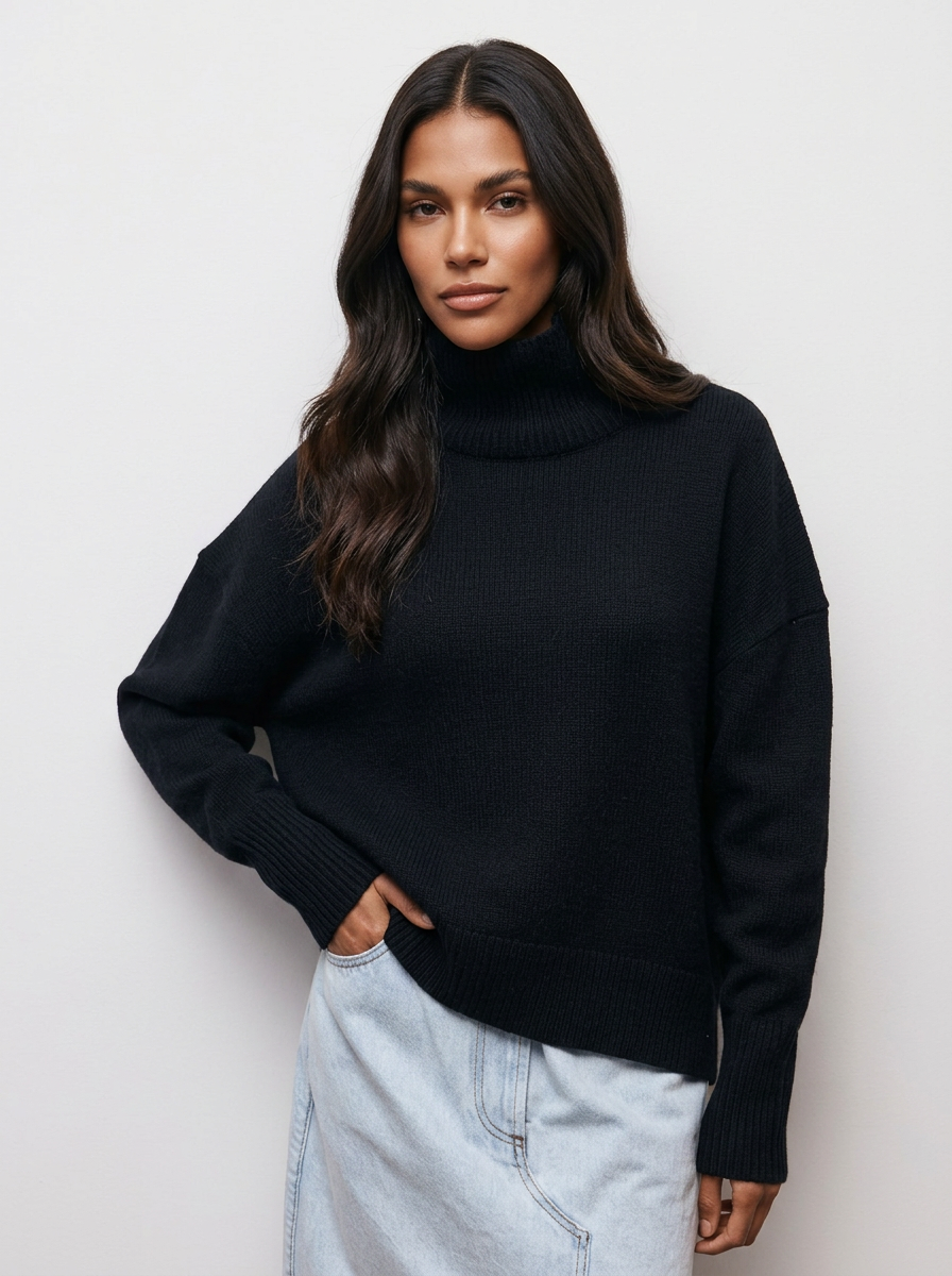 Women oversized knit turtleneck sweater dropped shoulders ribbed cuffs