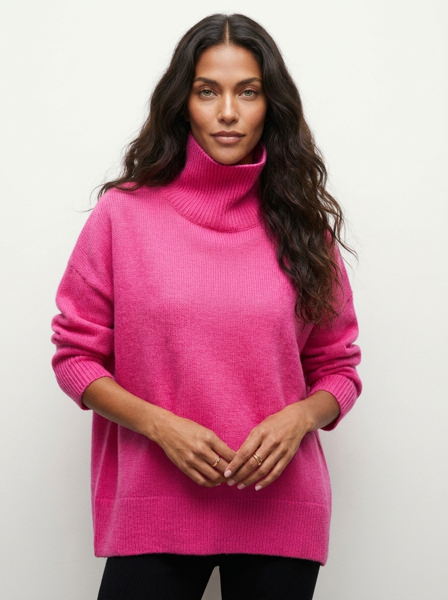 Women oversized knit turtleneck sweater dropped shoulders ribbed cuffs