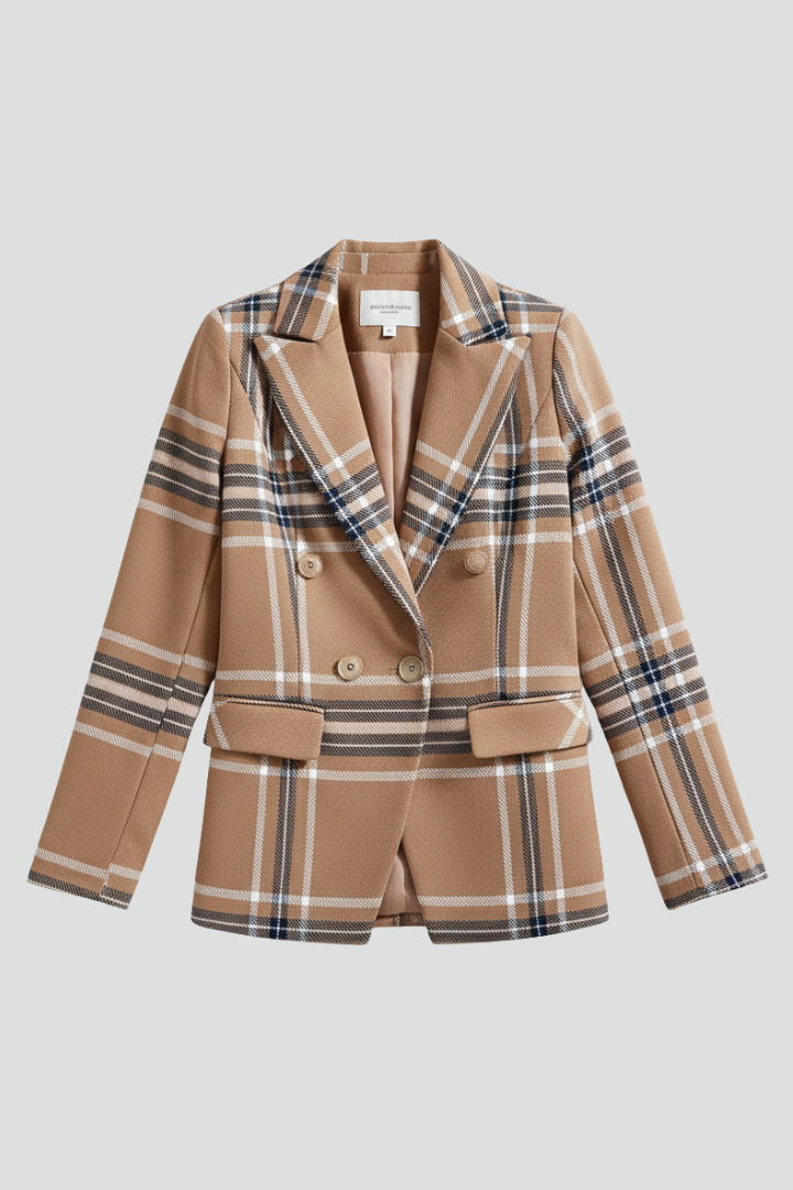 Women checkered blazer belted wide lapel long sleeve structured fit