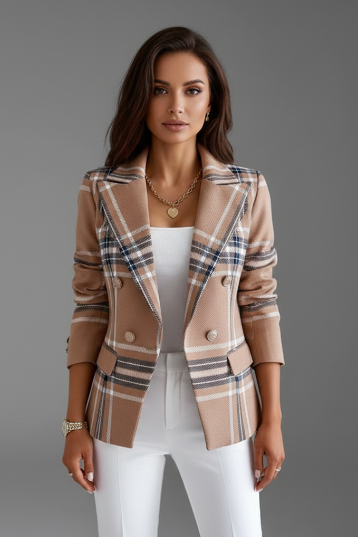 Women checkered blazer belted wide lapel long sleeve structured fit