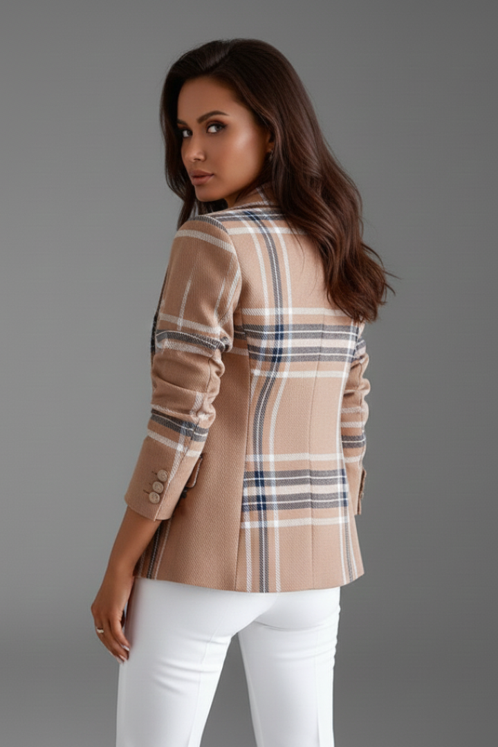 Women checkered blazer belted wide lapel long sleeve structured fit