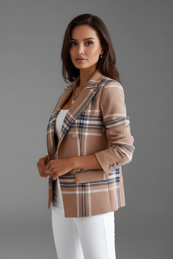 Women checkered blazer belted wide lapel long sleeve structured fit