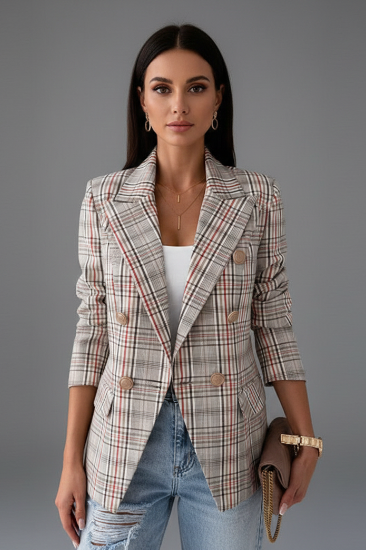 Women checkered blazer belted wide lapel long sleeve structured fit