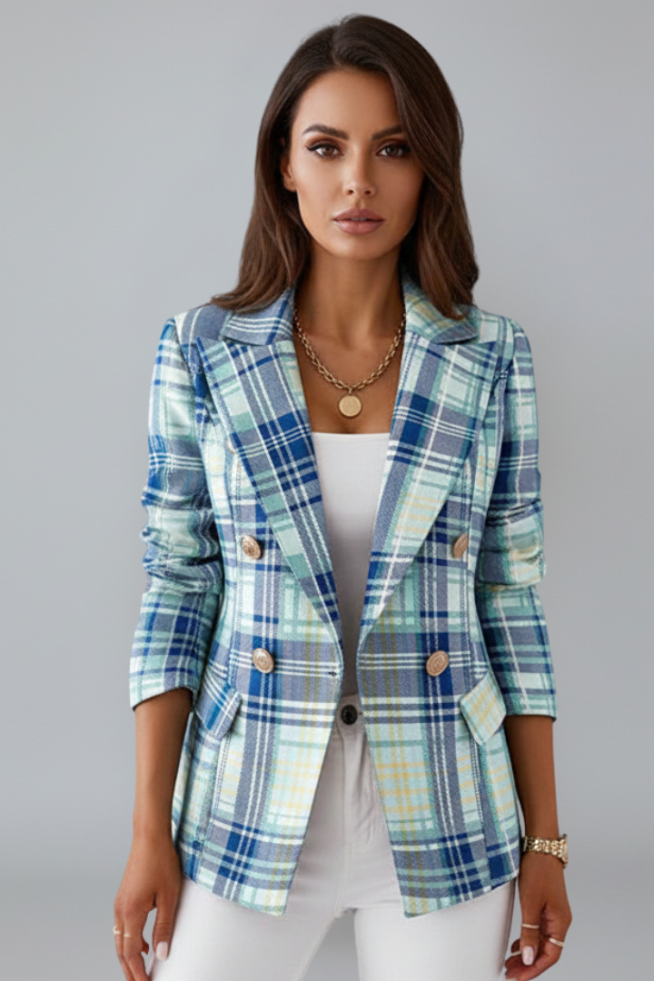 Women checkered blazer belted wide lapel long sleeve structured fit
