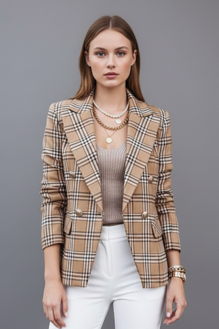 Women checkered blazer belted wide lapel long sleeve structured fit