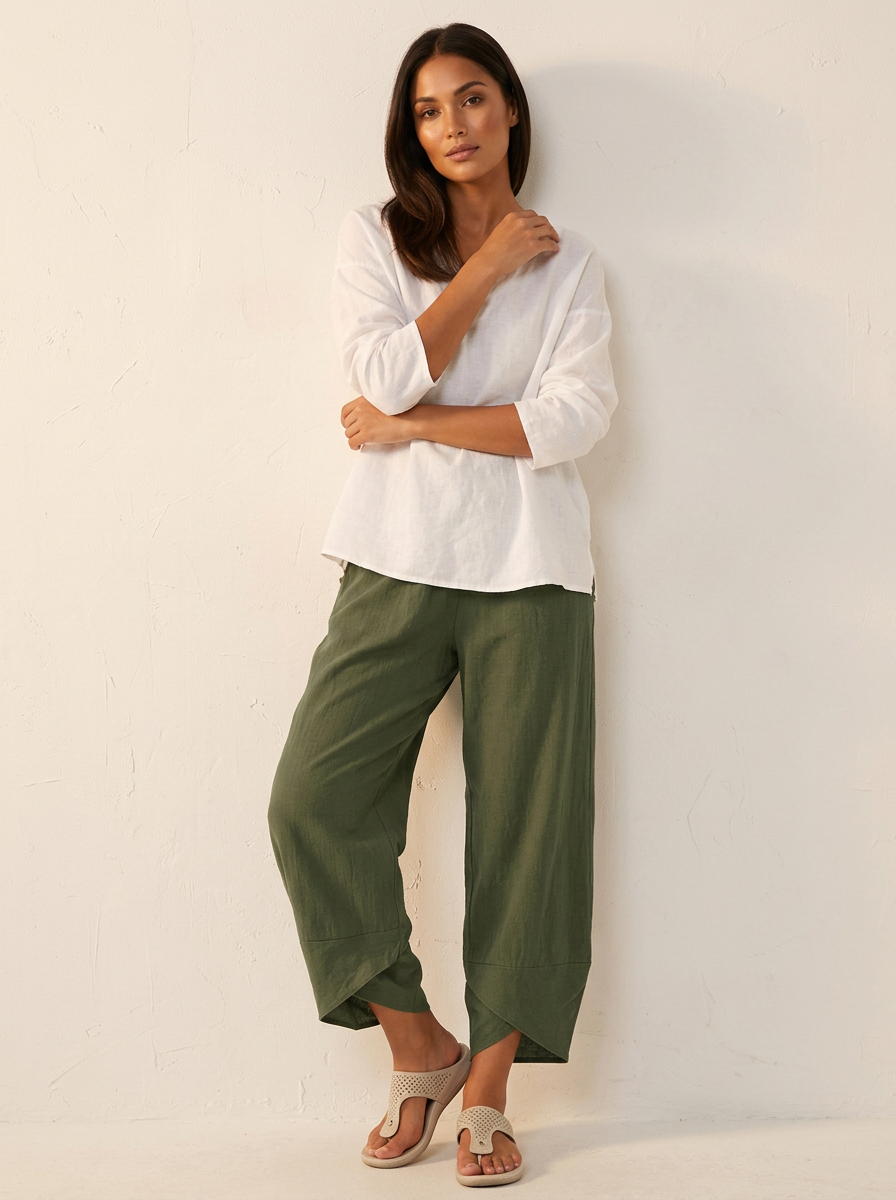 Women's Linen Trousers | Cropped Relaxed Fit, Elastic Waist