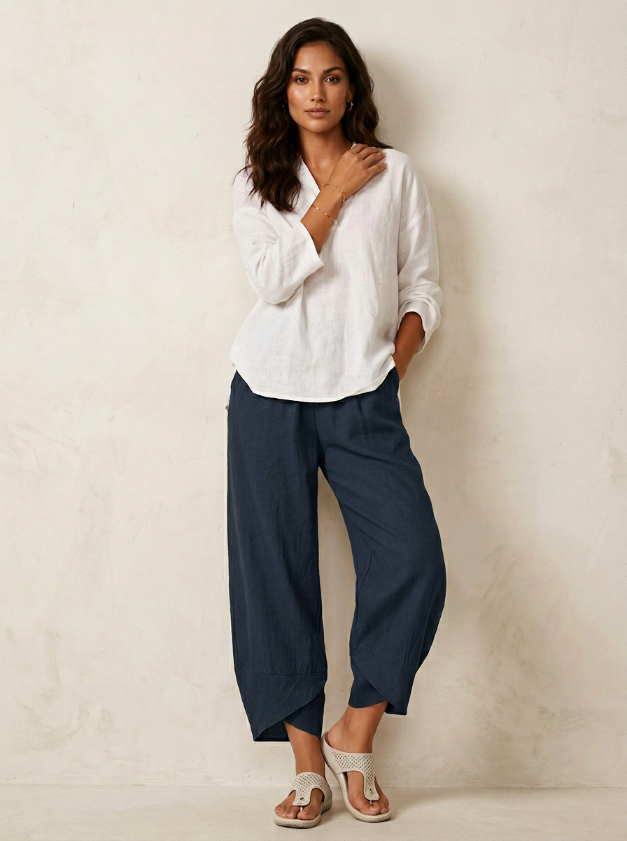 Women's Linen Trousers | Cropped Relaxed Fit, Elastic Waist