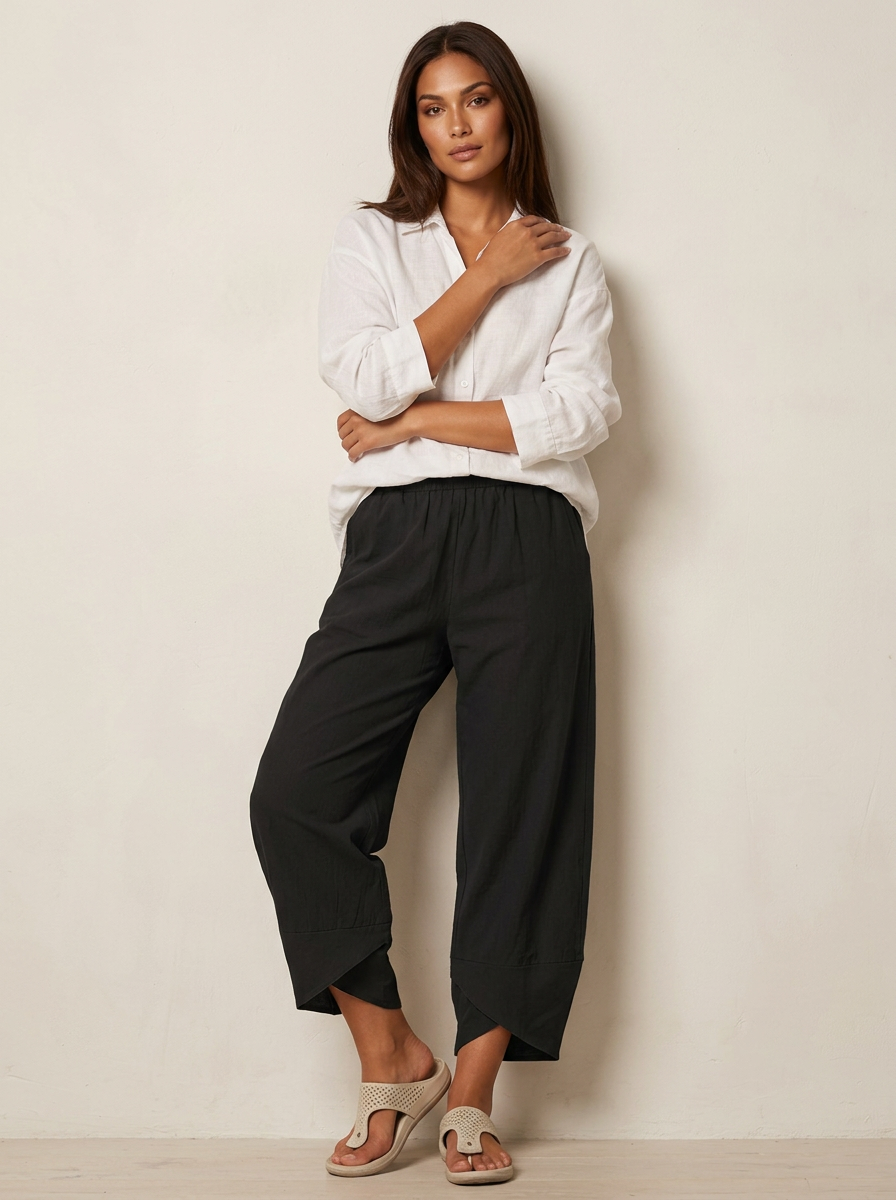 Women's Linen Trousers | Cropped Relaxed Fit, Elastic Waist