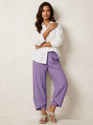 Women's Linen Trousers | Cropped Relaxed Fit, Elastic Waist