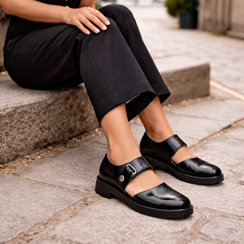 Women's Mary Jane Shoes | Black Leather, Buckle Strap | Chunky Flats