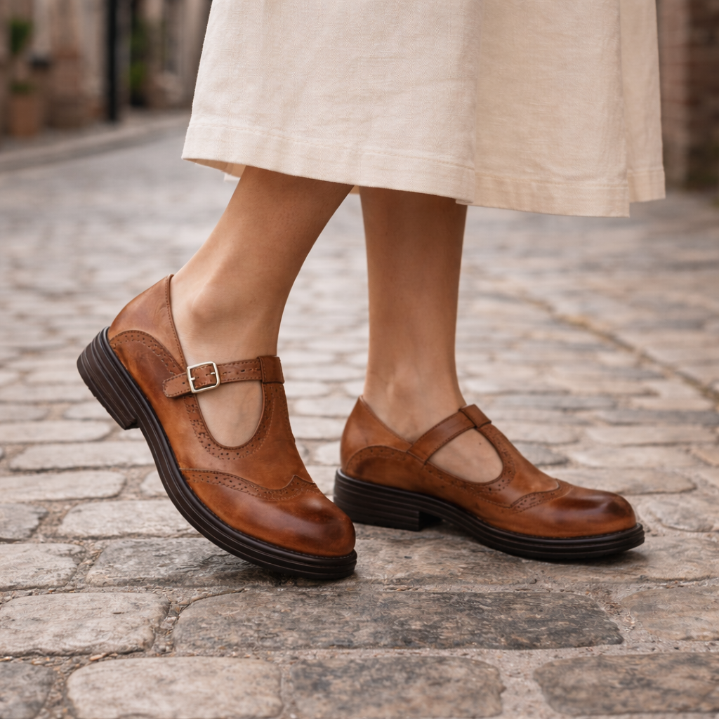Women's Mary Jane Shoes | Leather Brogue Flats | Buckle Strap
