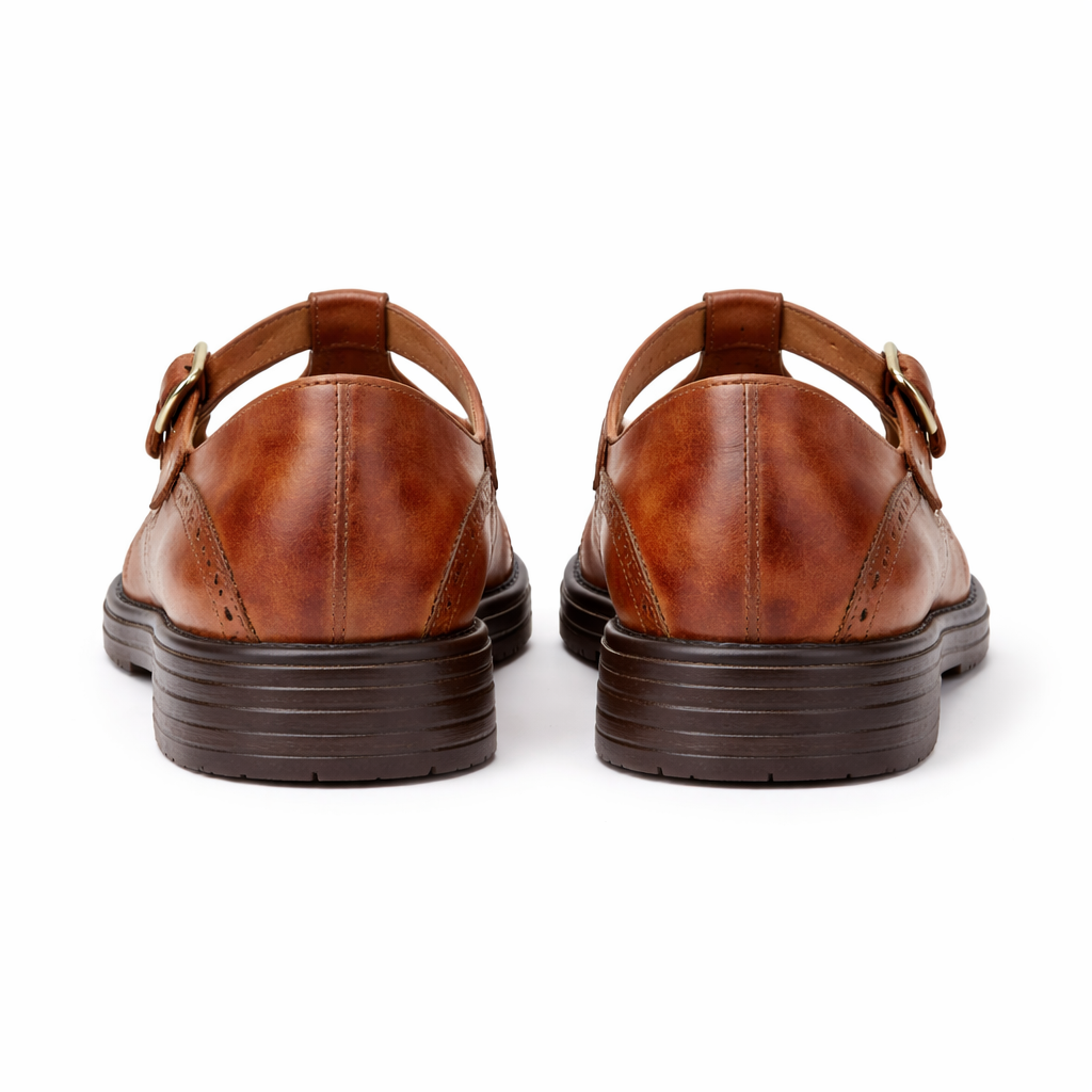 Women's Mary Jane Shoes | Leather Brogue Flats | Buckle Strap