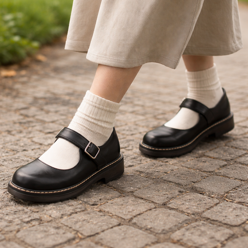 Women's Mary Jane shoes with buckle strap and low heel in leather