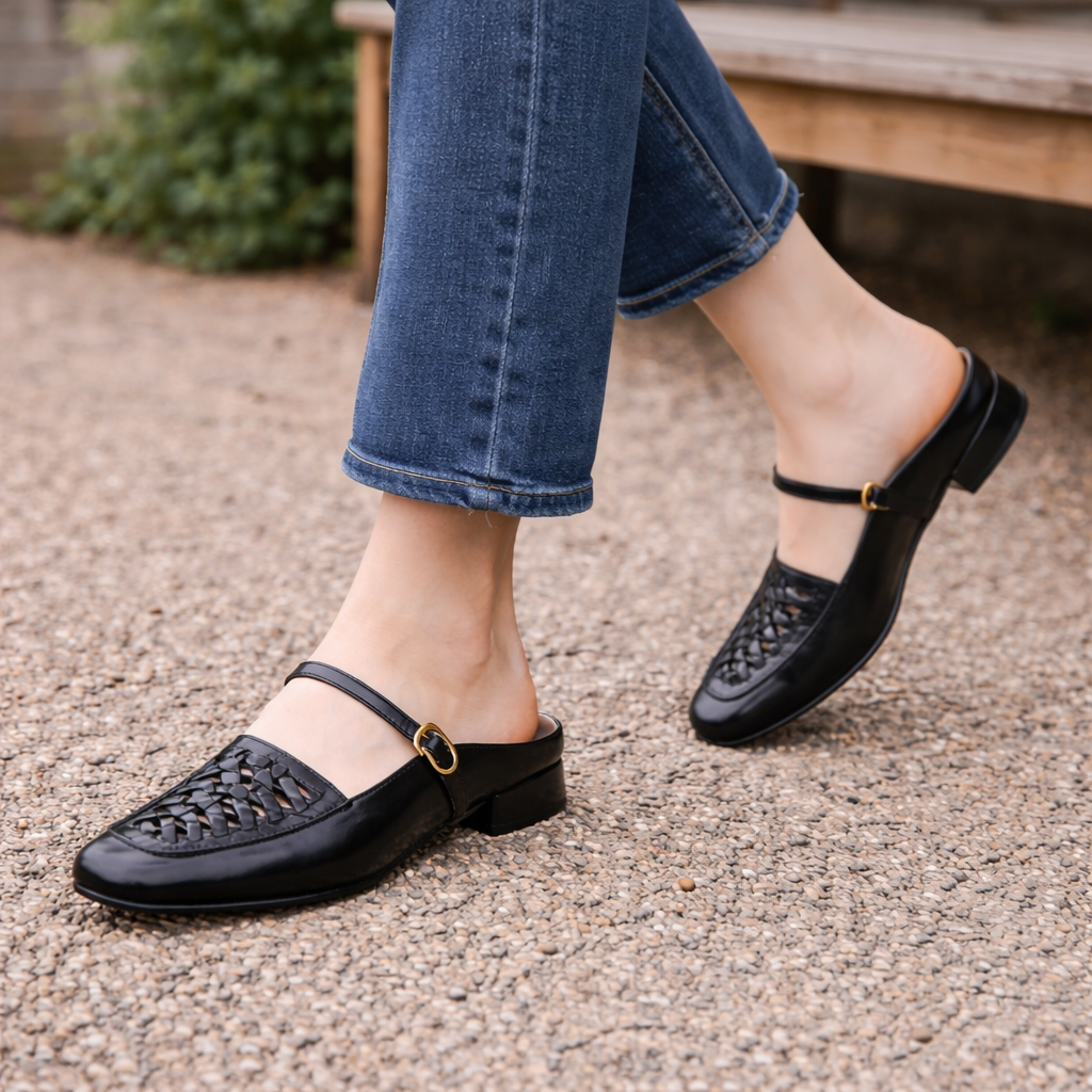 Women's Mary Jane Shoes | Woven Leather, Square Toe | Brown, Black