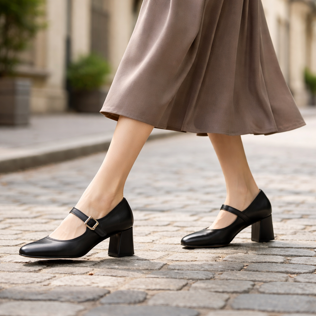 Women's Mary Jane shoes with block heel and velcro strap closure