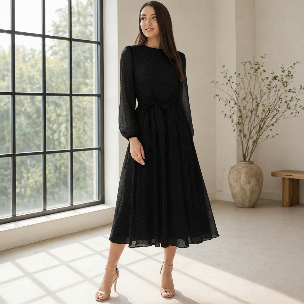 Midi Dress Women's Polka Dot Elegant Flowy Style