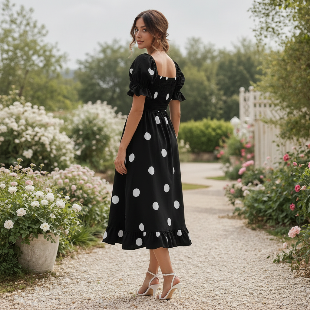 Polka Dot Midi Dress | Women's Puff Sleeve | Elegant Flowy Style
