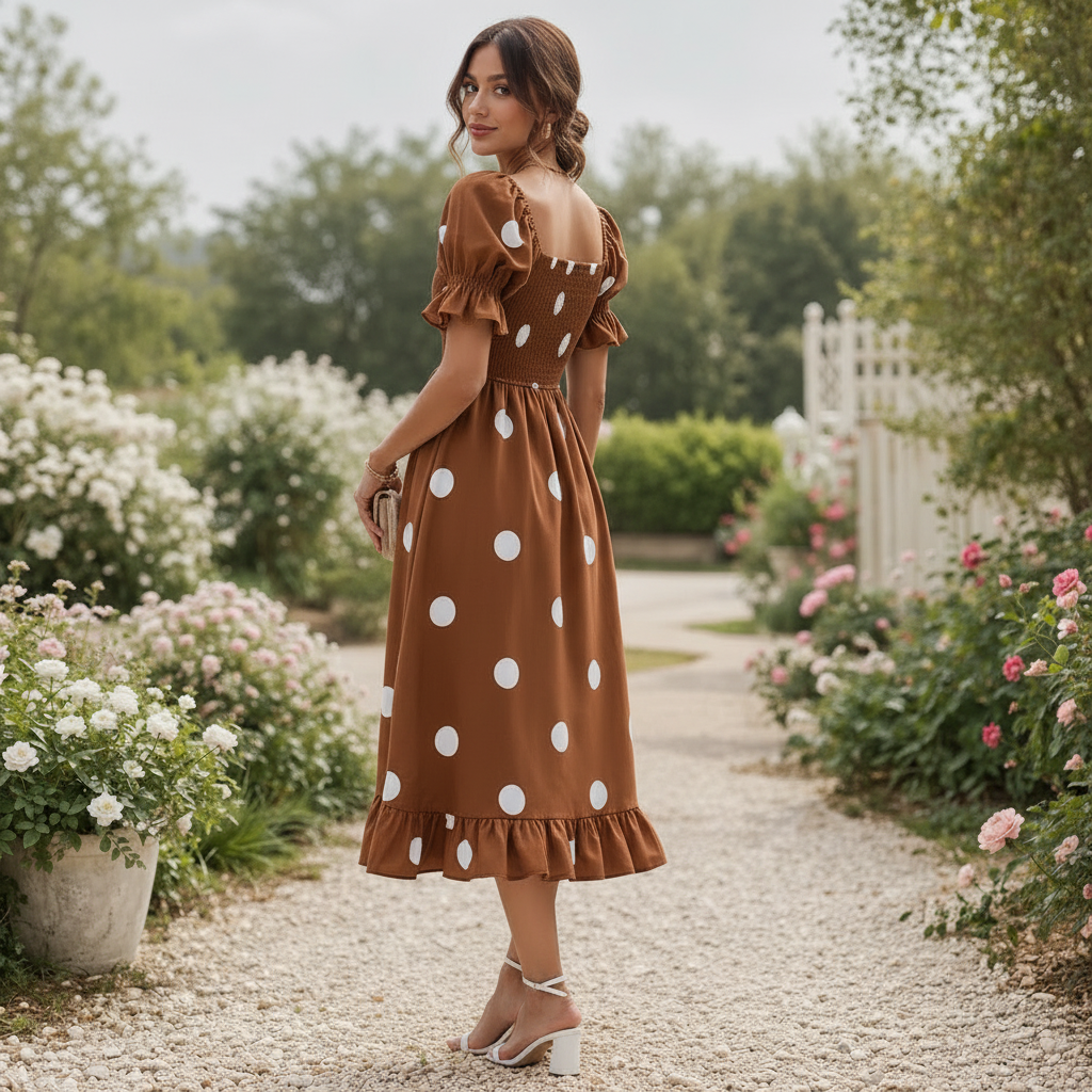Polka Dot Midi Dress | Women's Puff Sleeve | Elegant Flowy Style