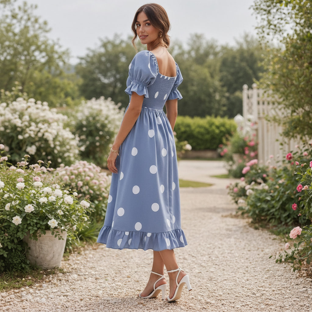 Polka Dot Midi Dress | Women's Puff Sleeve | Elegant Flowy Style