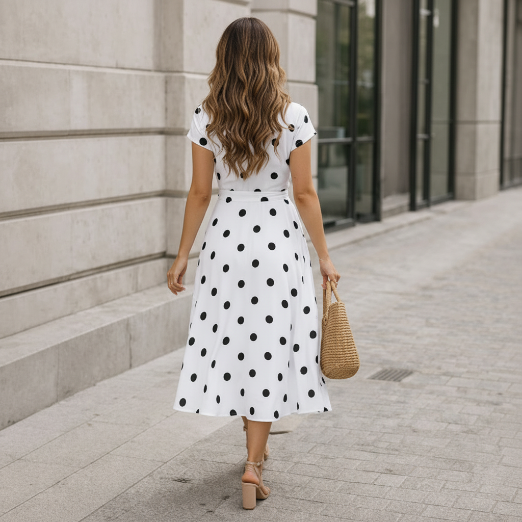 Women's Midi Dress Polka Dot Waist Tie Casual Flowy Style