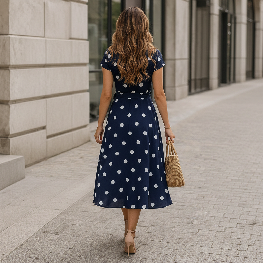 Women's Midi Dress Polka Dot Waist Tie Casual Flowy Style