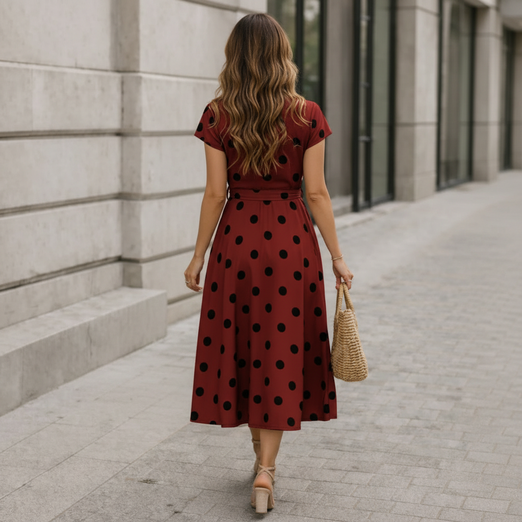 Women's Midi Dress Polka Dot Waist Tie Casual Flowy Style