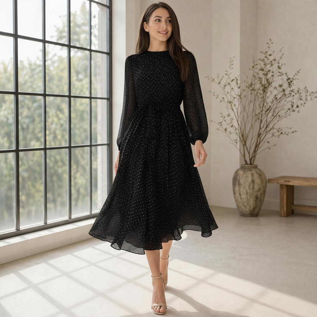 Midi Dress Women's Polka Dot Elegant Flowy Style