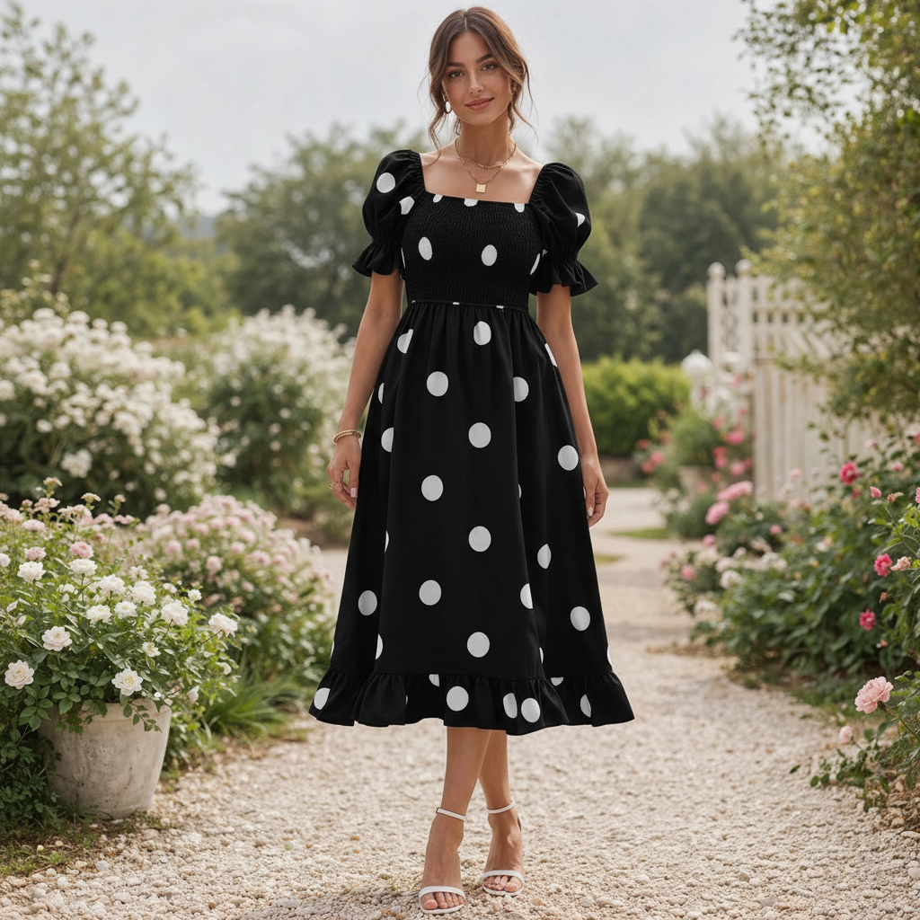 Polka Dot Midi Dress | Women's Puff Sleeve | Elegant Flowy Style