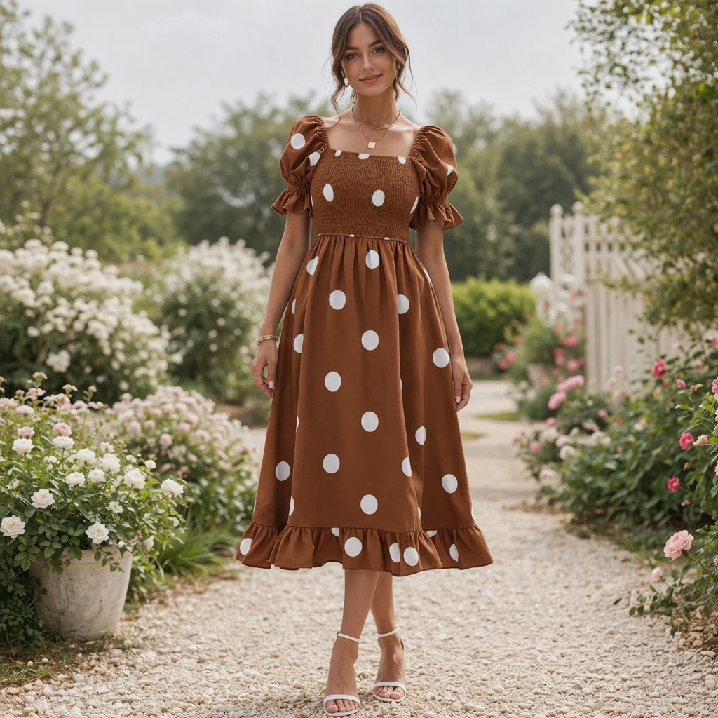 Polka Dot Midi Dress | Women's Puff Sleeve | Elegant Flowy Style