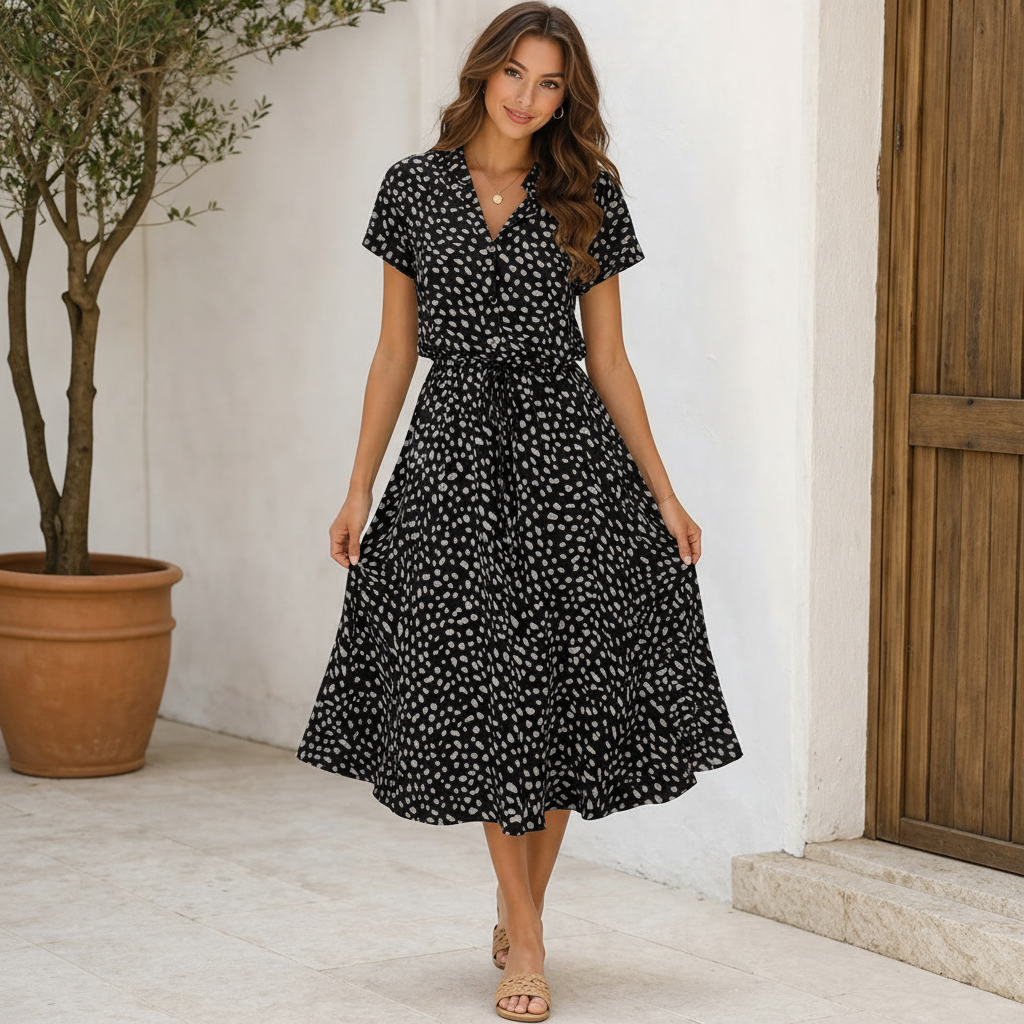 Polka Dot Dress | Midi Style, Short Sleeves | Trendy
