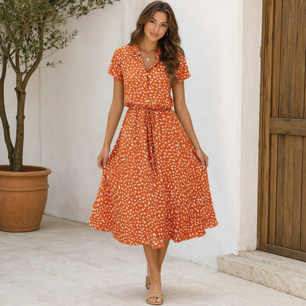 Polka Dot Dress | Midi Style, Short Sleeves | Trendy