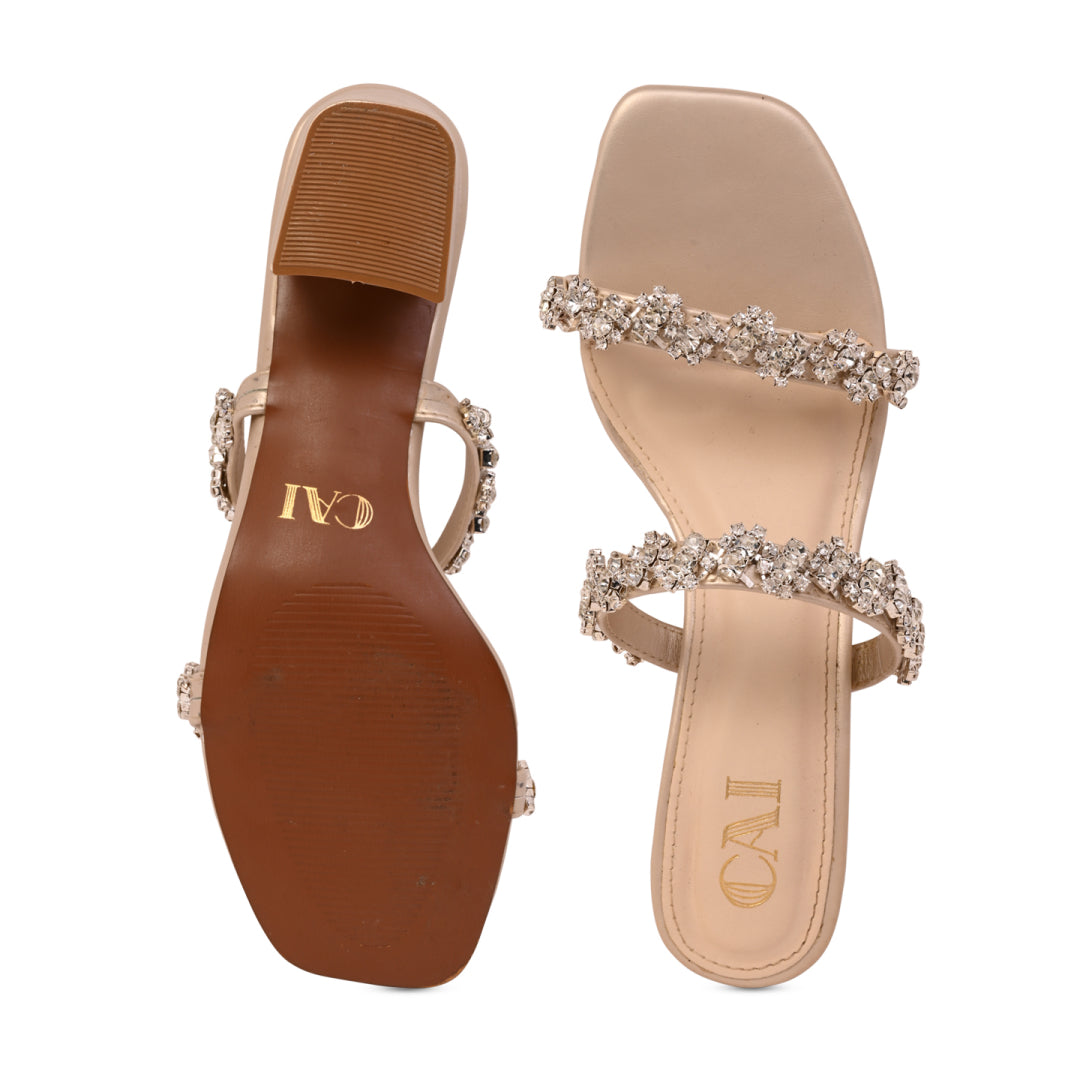 Women’s Block Heel Sandals | Two Strap | Gold Embellished