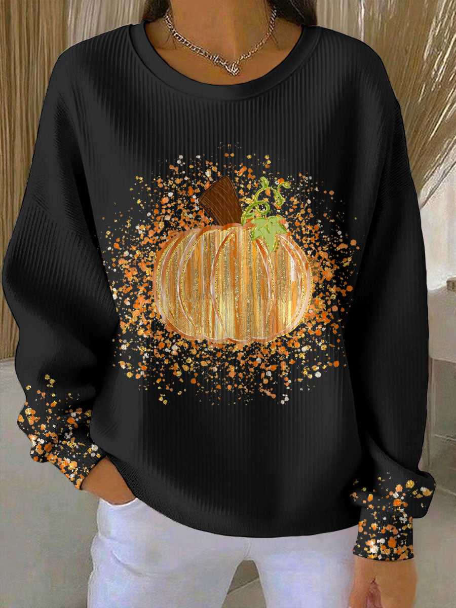 Women Halloween oversized sweater pumpkin print round neck long hip length