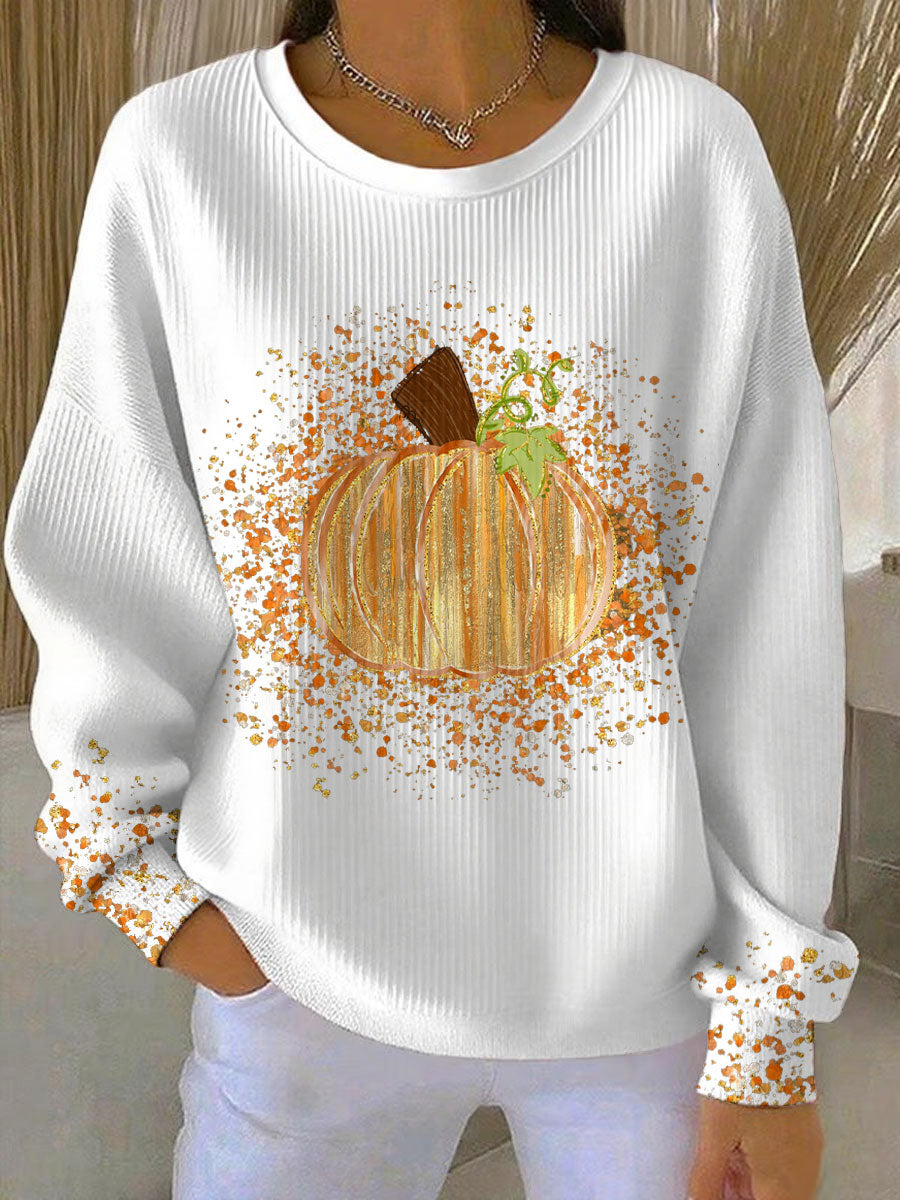Women Halloween oversized sweater pumpkin print round neck long hip length