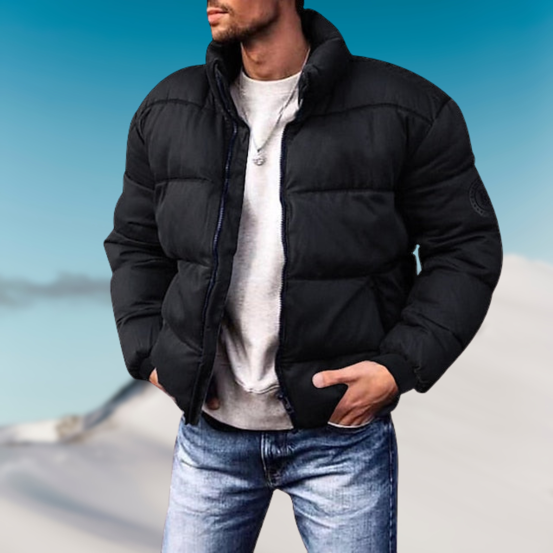 Mens puffer jacket stand collar with lightweight down fill