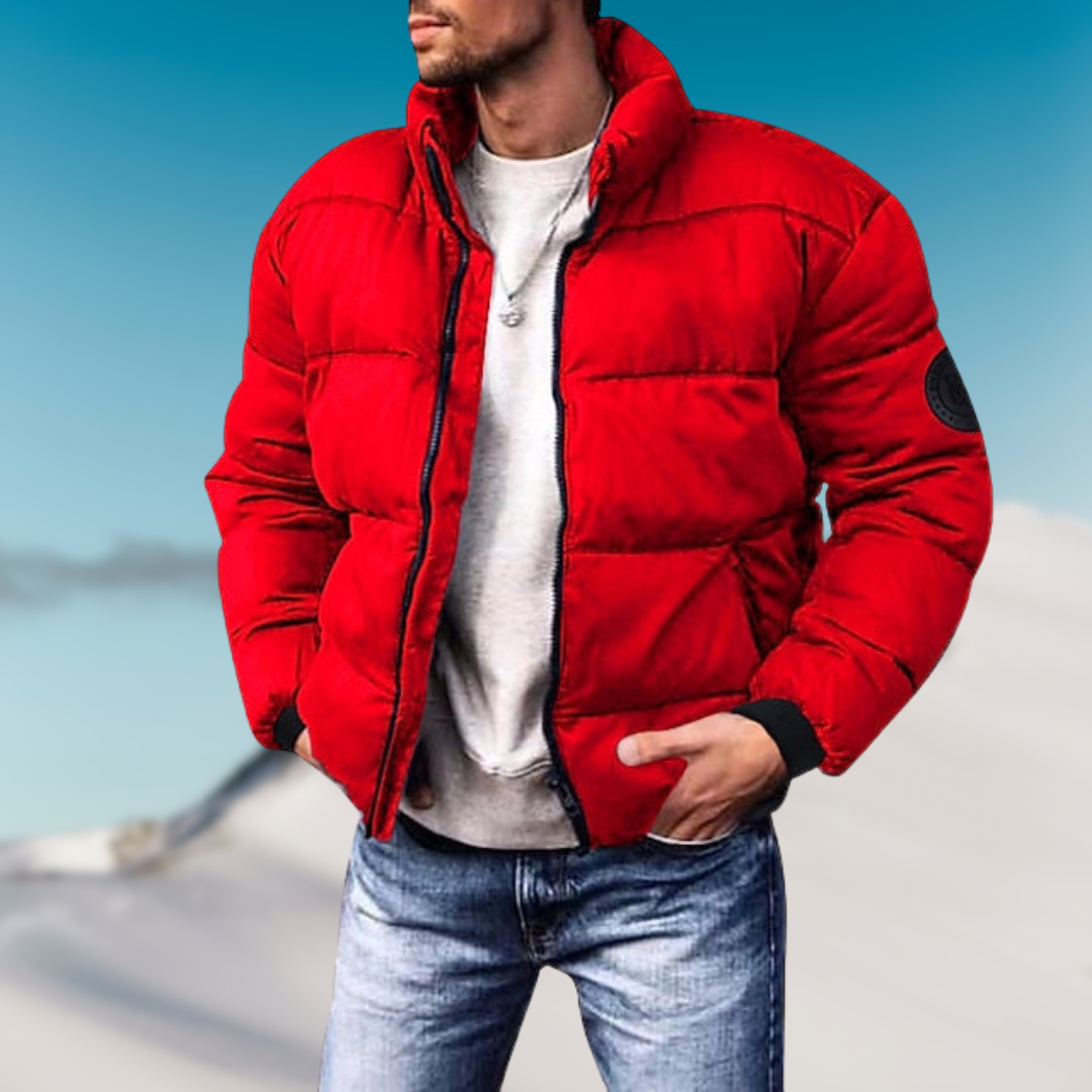 Mens puffer jacket stand collar with lightweight down fill