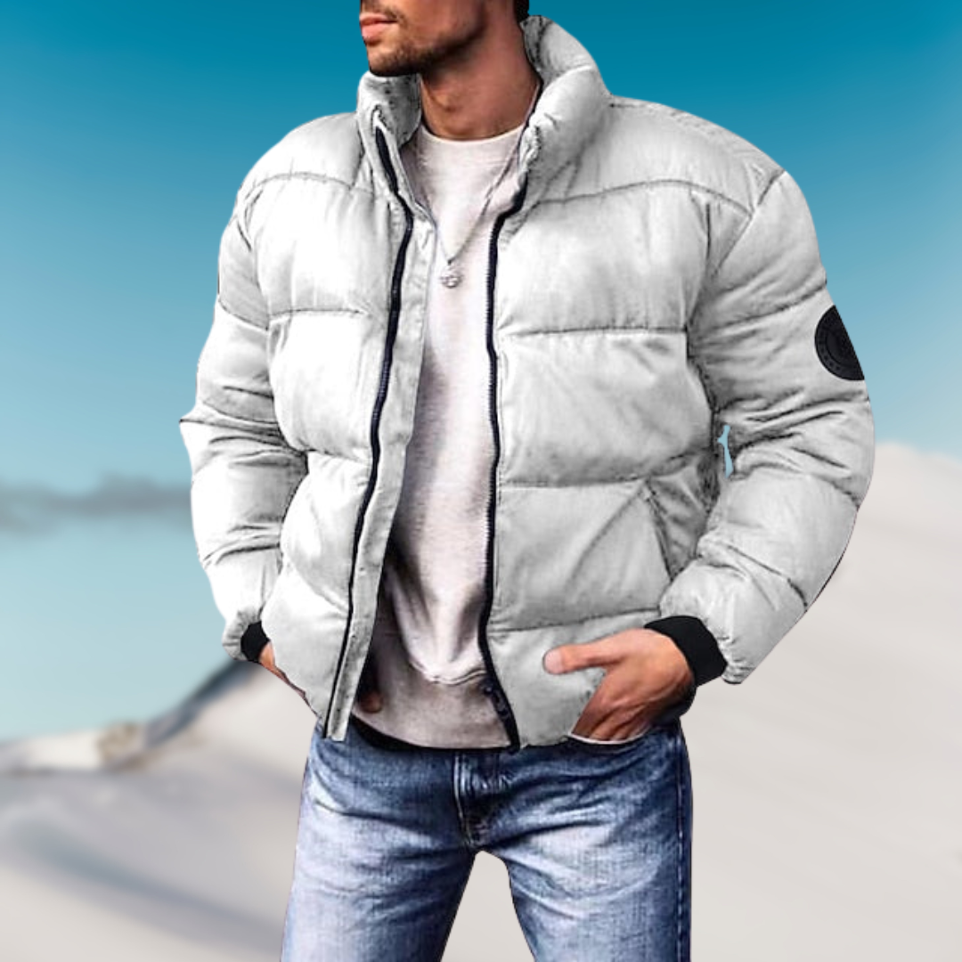 Mens puffer jacket stand collar with lightweight down fill