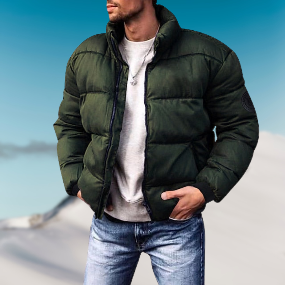 Mens puffer jacket stand collar with lightweight down fill