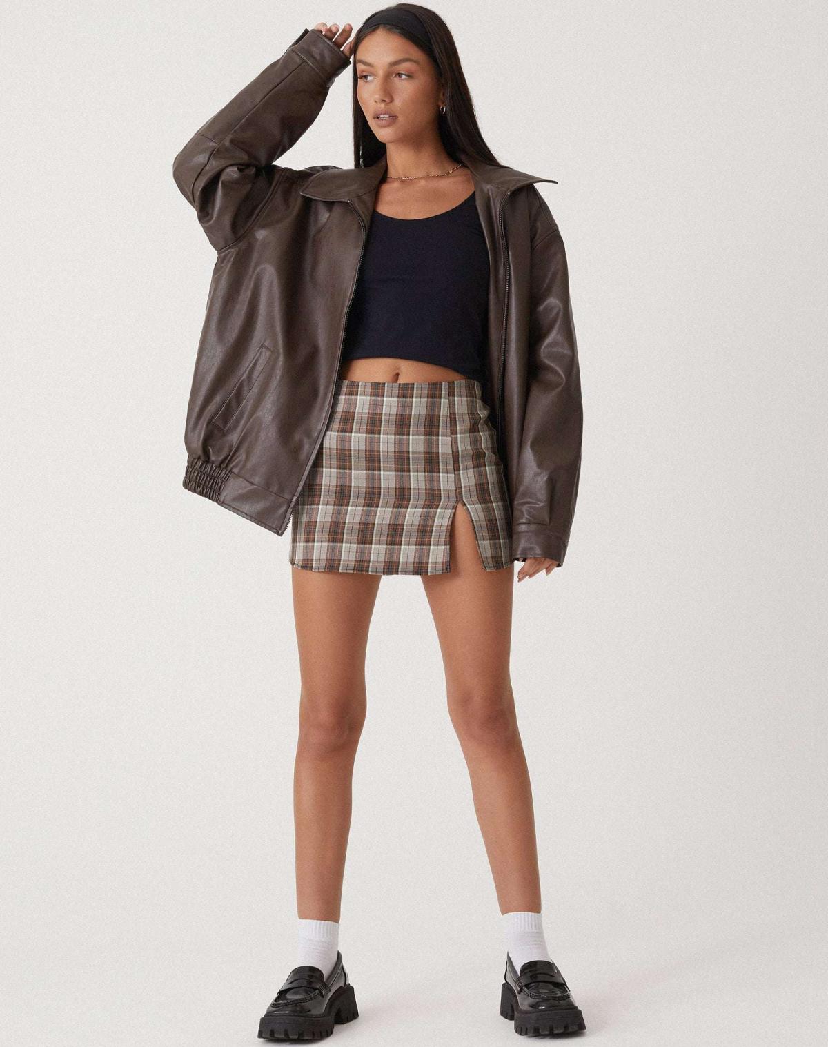 Women's Oversized Bomber Jacket | Leather, Zip-Up | Brown, Black