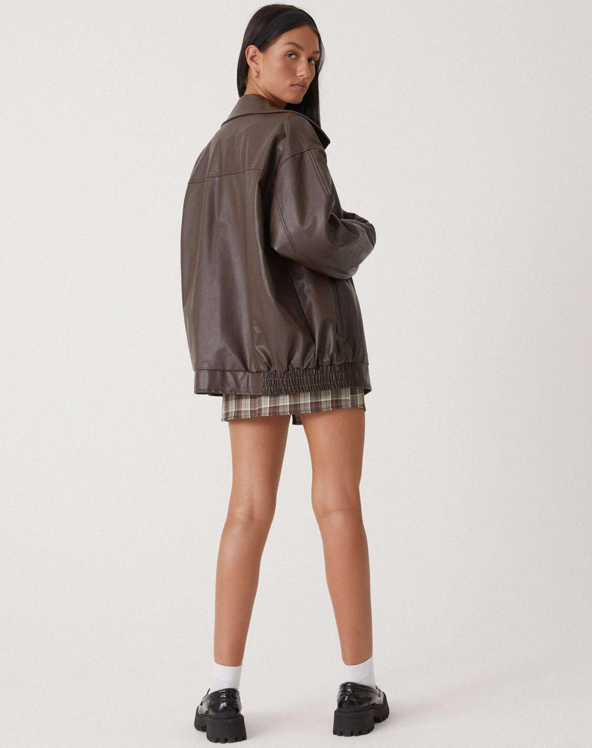 Women's Oversized Bomber Jacket | Leather, Zip-Up | Brown, Black