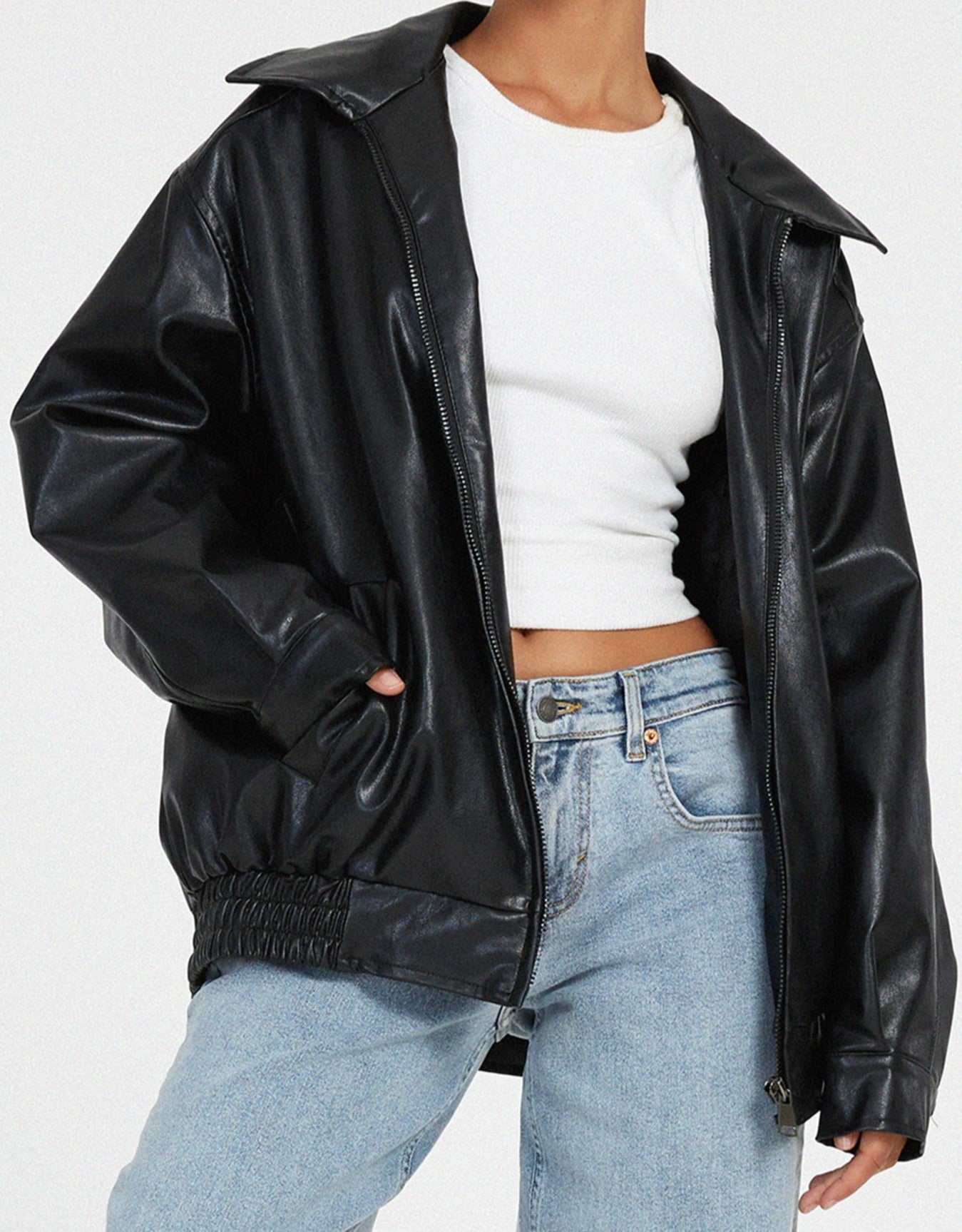 Women's Oversized Bomber Jacket | Leather, Zip-Up | Brown, Black