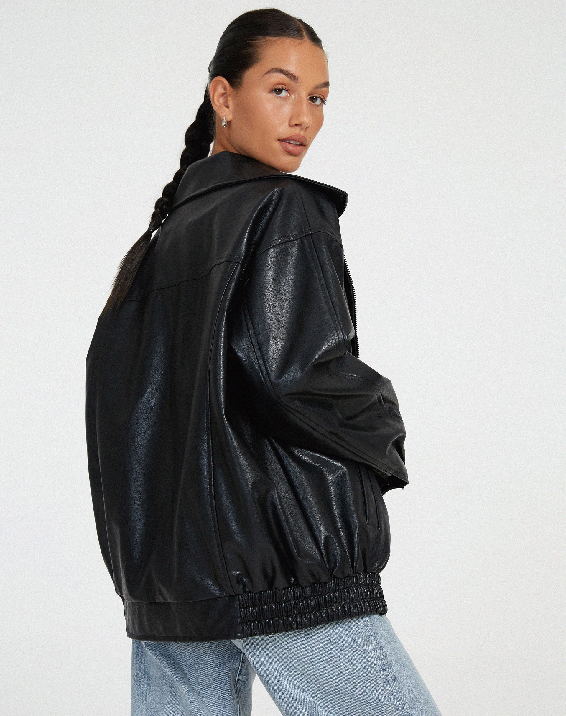 Women's Oversized Bomber Jacket | Leather, Zip-Up | Brown, Black