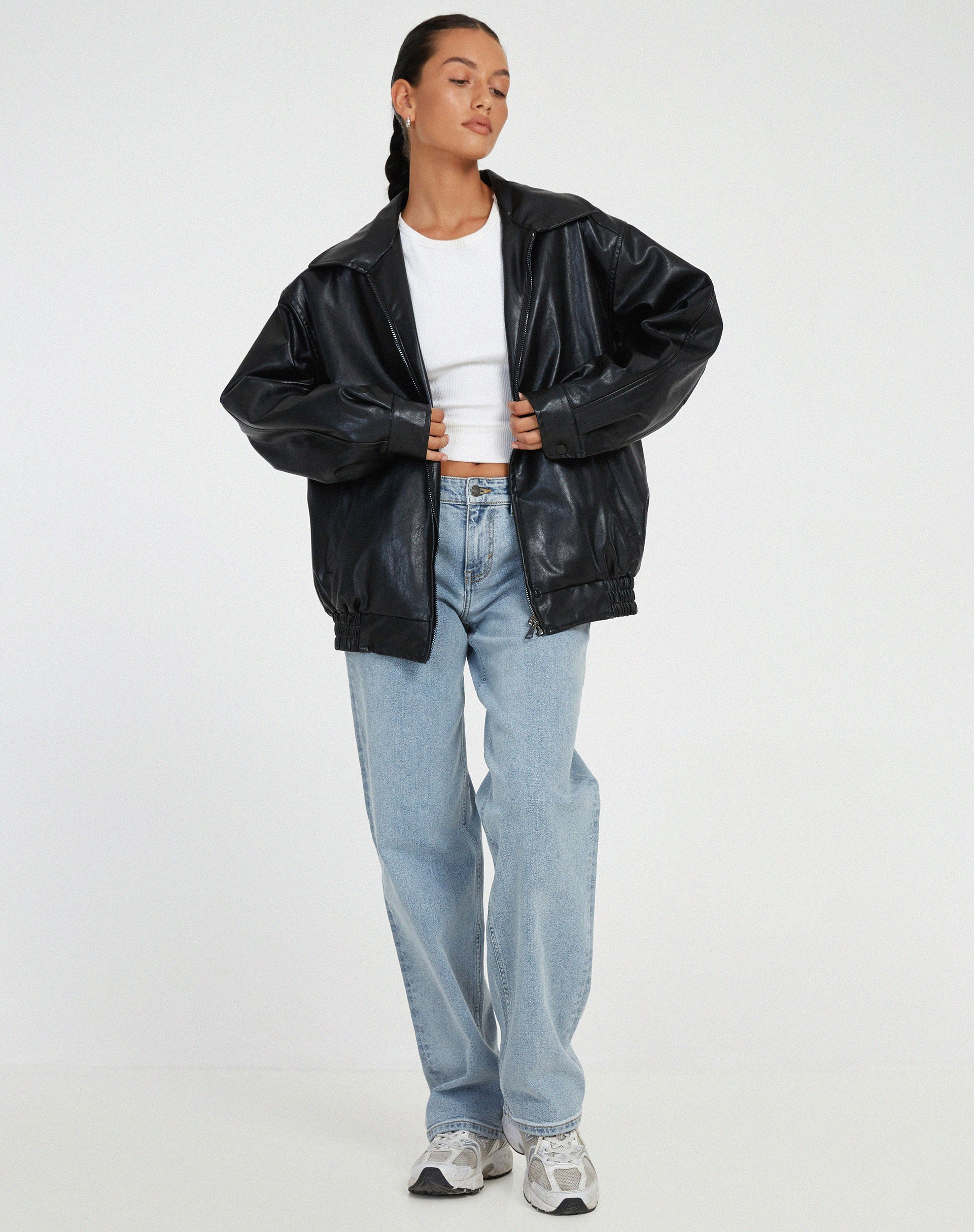 Women's Oversized Bomber Jacket | Leather, Zip-Up | Brown, Black