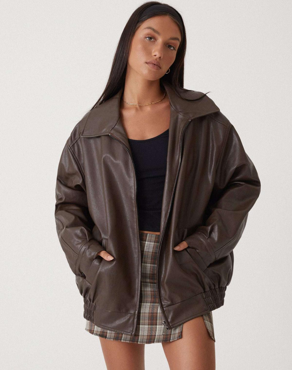 Women's Oversized Bomber Jacket | Leather, Zip-Up | Brown, Black