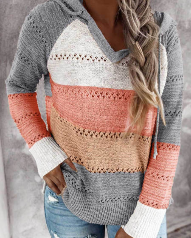 Women knit hoodie color block open knit pattern relaxed fit