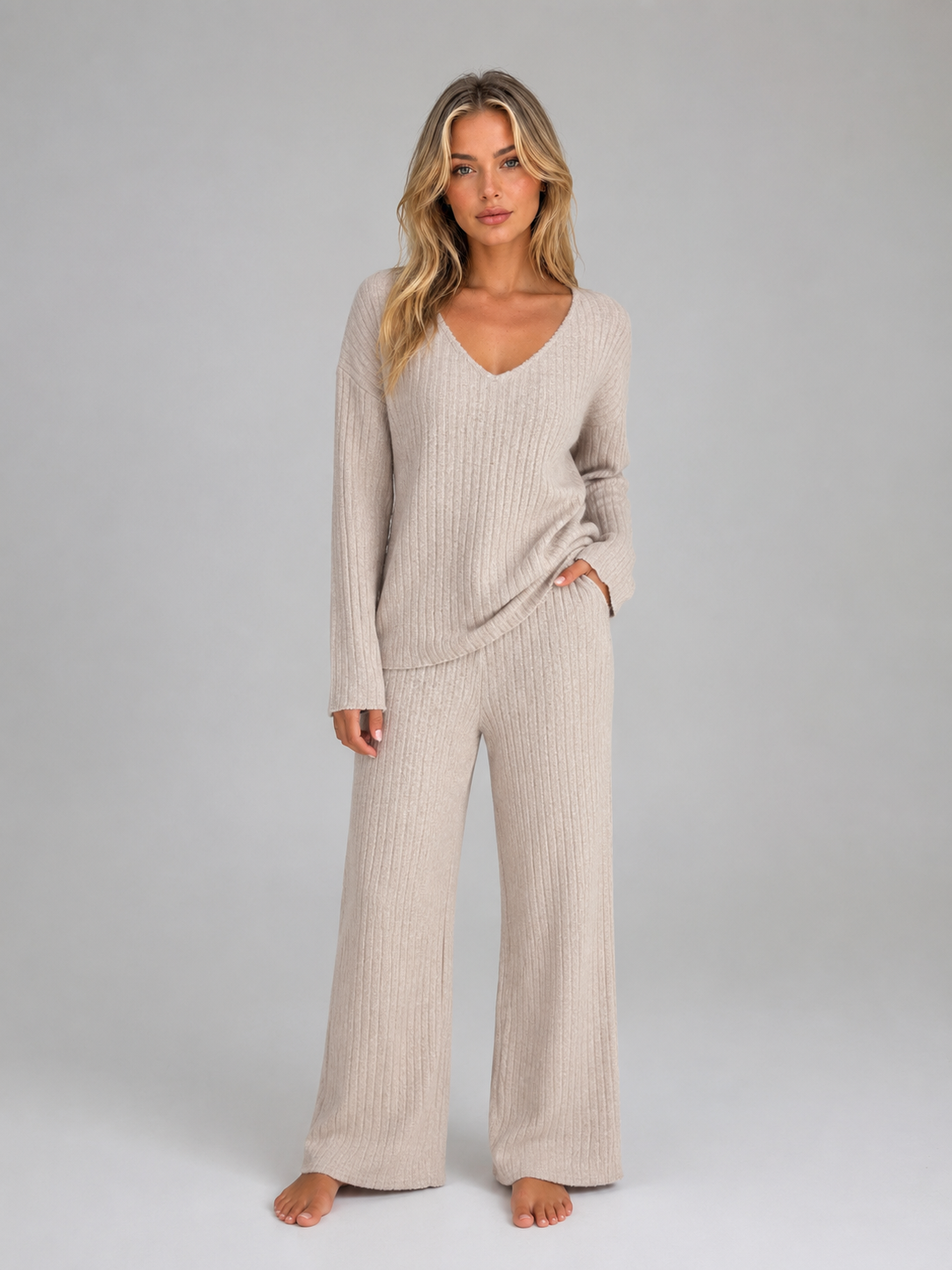 Women 2 piece knit lounge set V neck wide leg ankle-length trousers