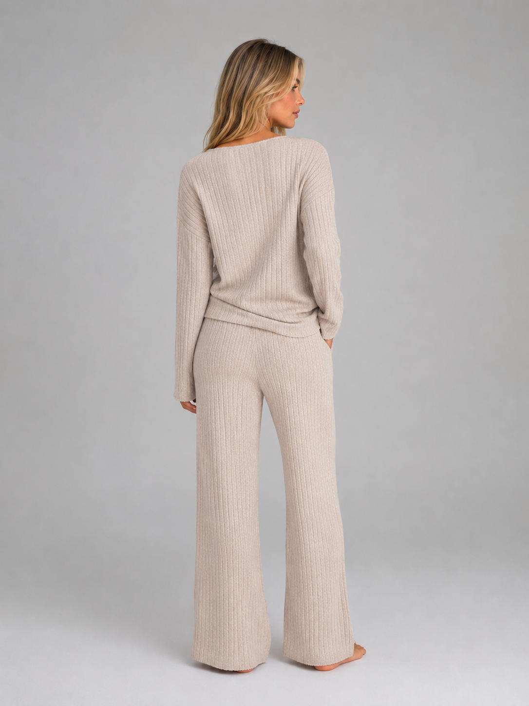 Women 2 piece knit lounge set V neck wide leg ankle-length trousers