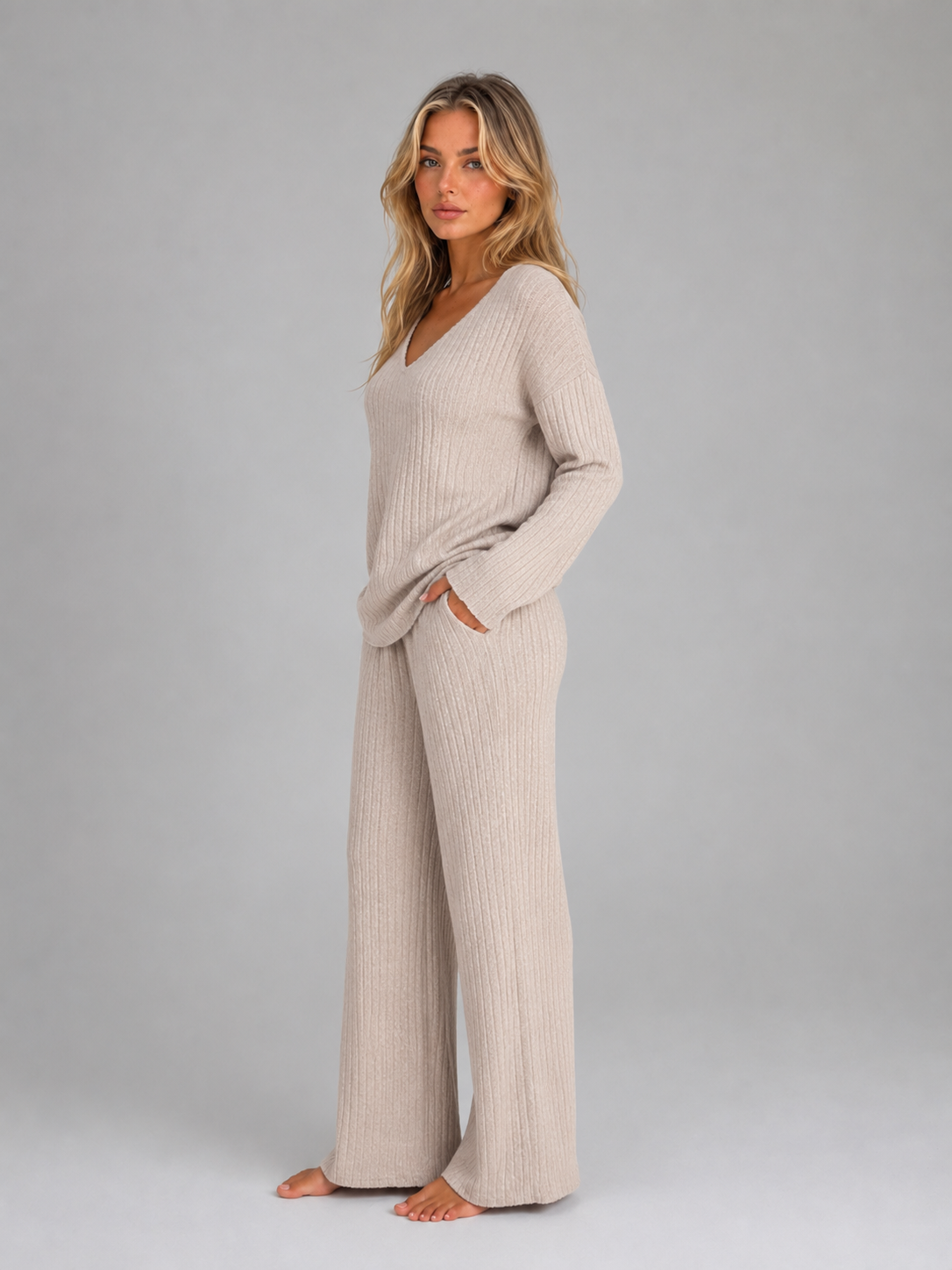 Women 2 piece knit lounge set V neck wide leg ankle-length trousers