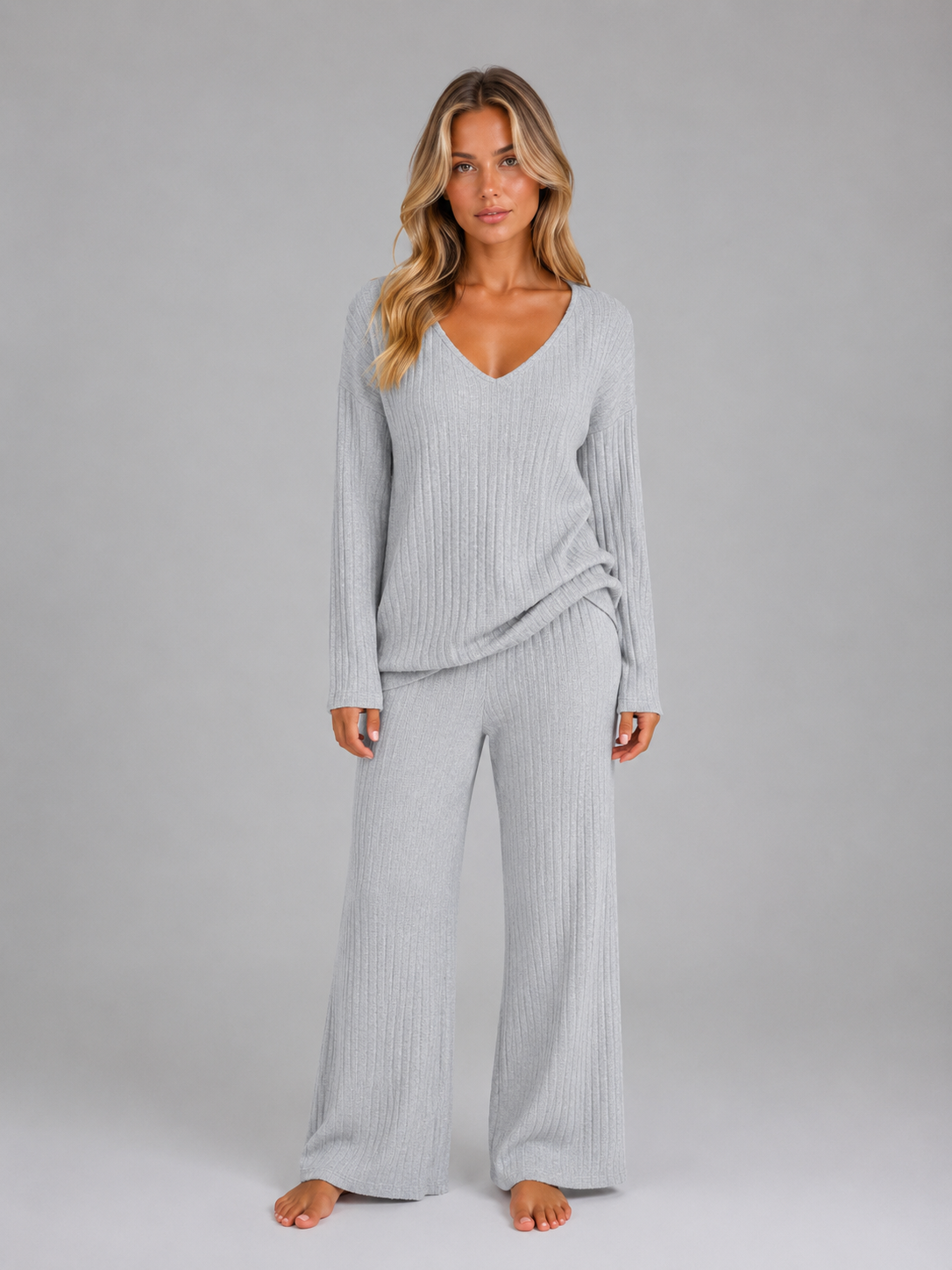 Women 2 piece knit lounge set V neck wide leg ankle-length trousers