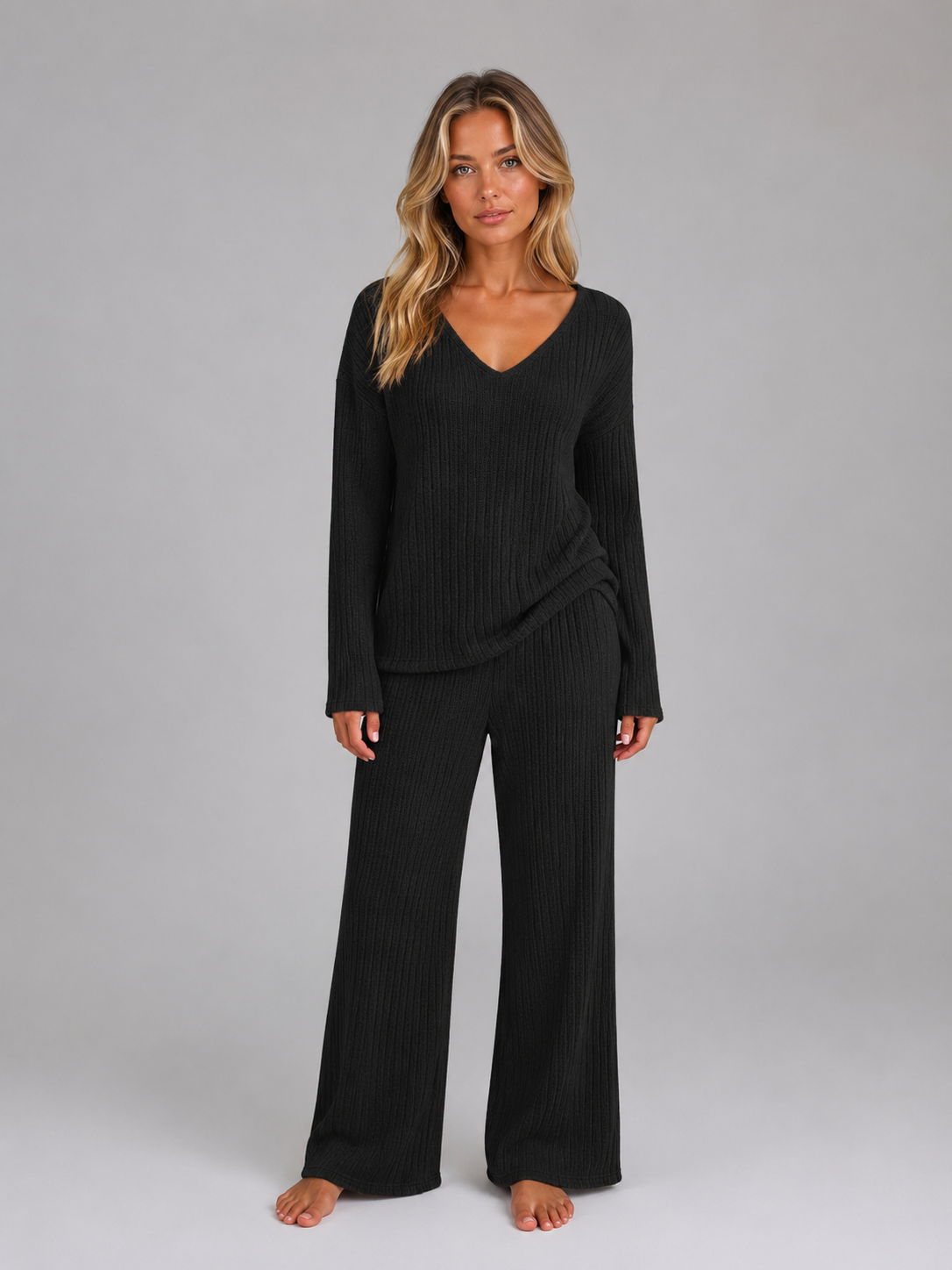 Women 2 piece knit lounge set V neck wide leg ankle-length trousers